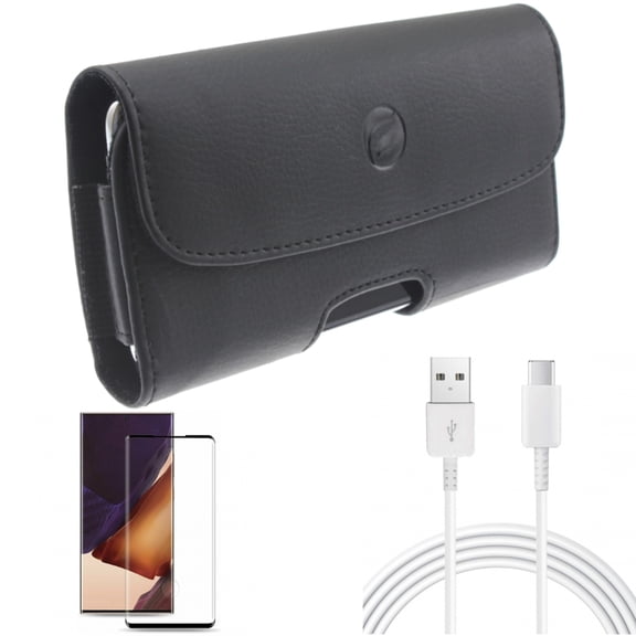 Case Belt Clip & 10ft USB-C Cable & Screen Protector for Samsung Galaxy Note 20 Ultra (6.9") - Combo with Leather Holster & Type-C Charger Cord & Tempered Glass (Fingerprint Unlock)