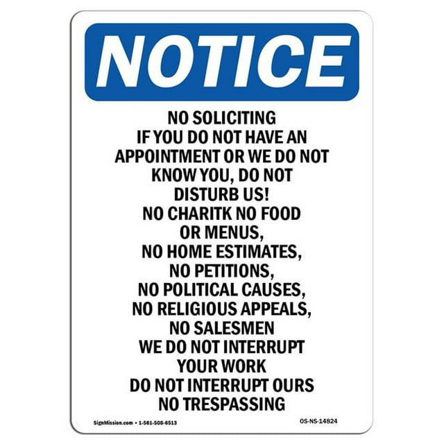 SignMission OS-NS-A-1824-V-14824 18 x 24 in. OSHA Notice Sign - No Soliciting If You Do Not Have