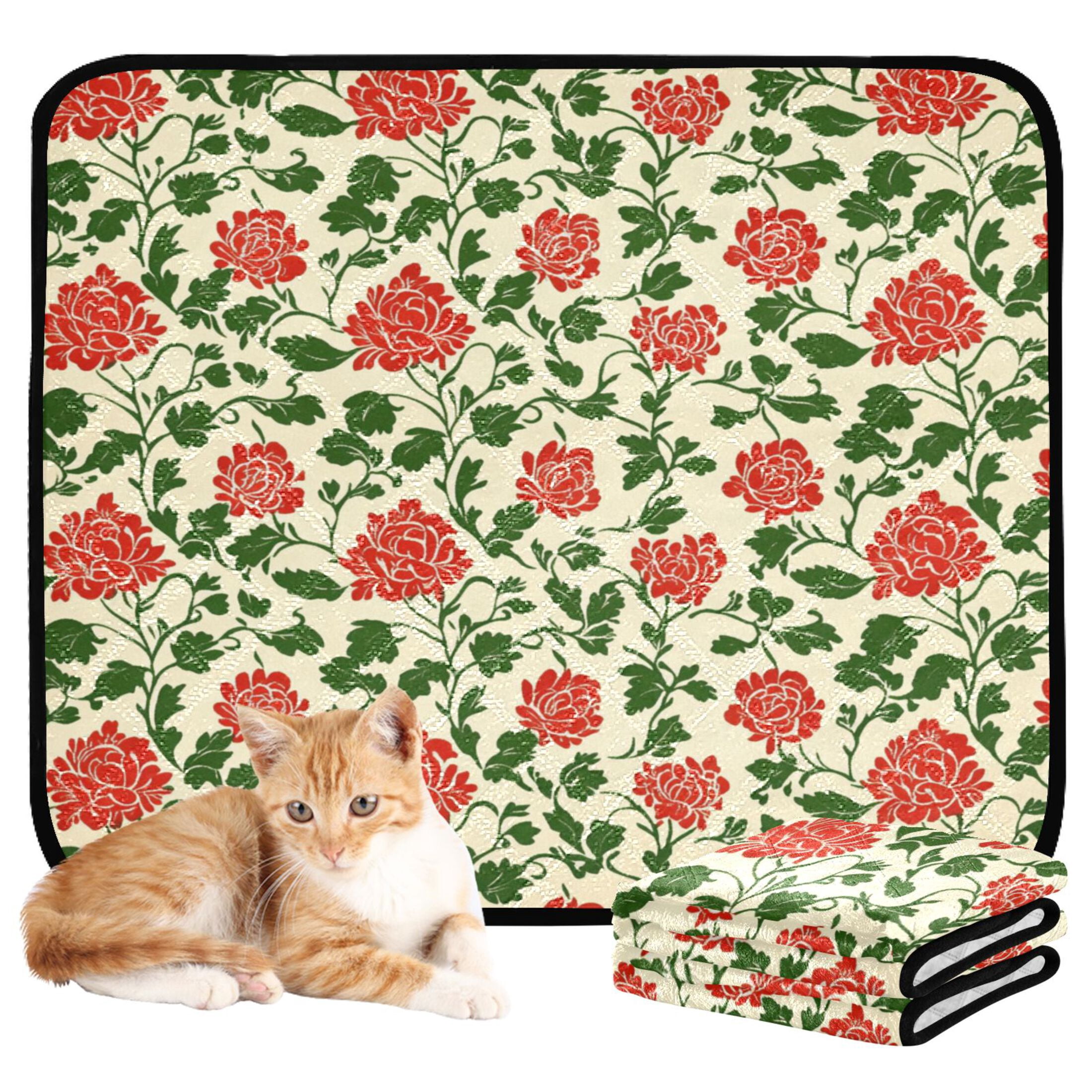 Qxltty Vintage Red Floral Pattern Cat litter Pads Pet Set of 2 Diaper Mats Center Anti-leakage Layer Absorbent Soft and Comfortable