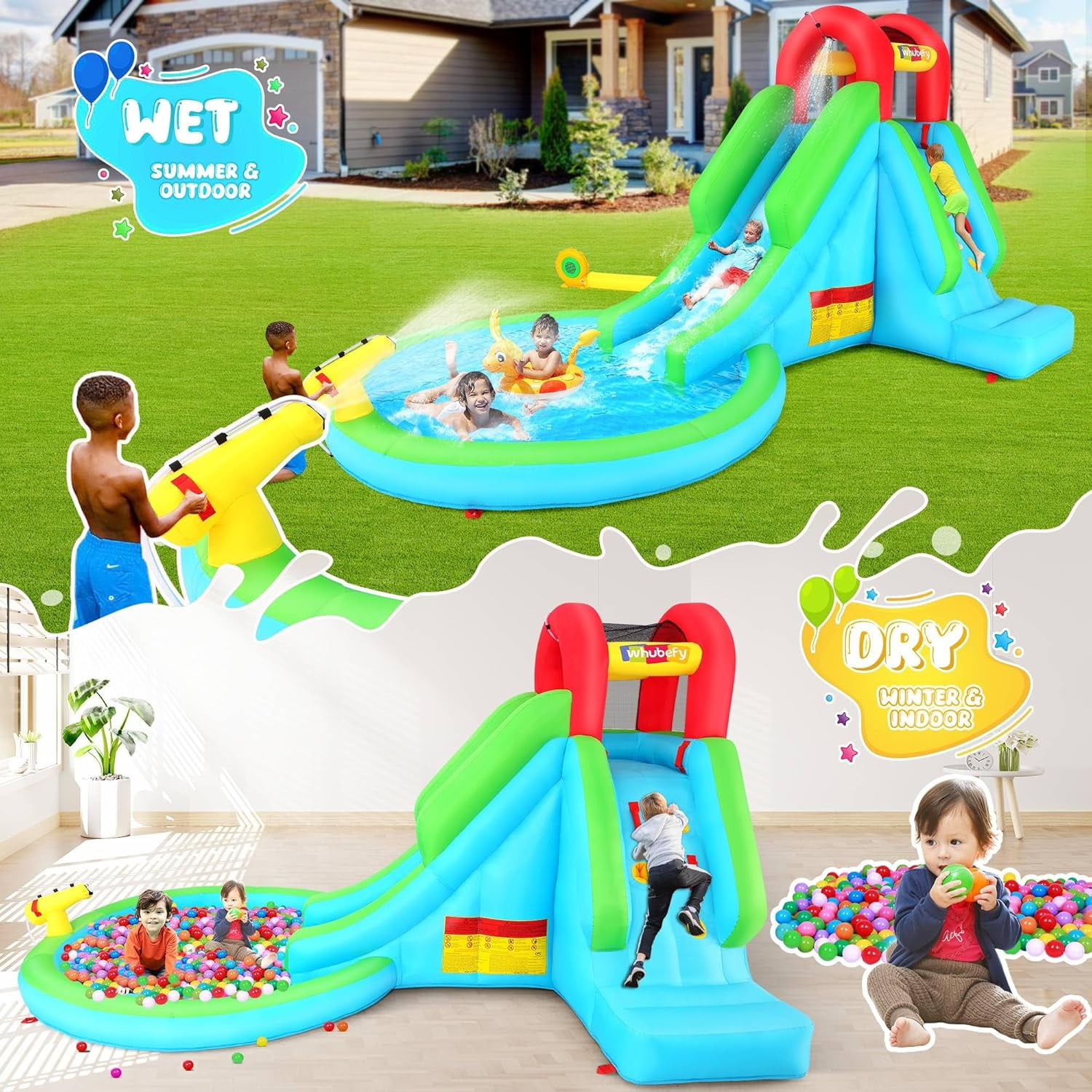 Adnoom Bounce House with 322W Blower, Water Slide with Large Pool/Ball Pit, Inflatable Bounce House with Water Cannon, Climbing Wall, Bouncing Castle for Kids 3-10 Backyard, Party, Gift