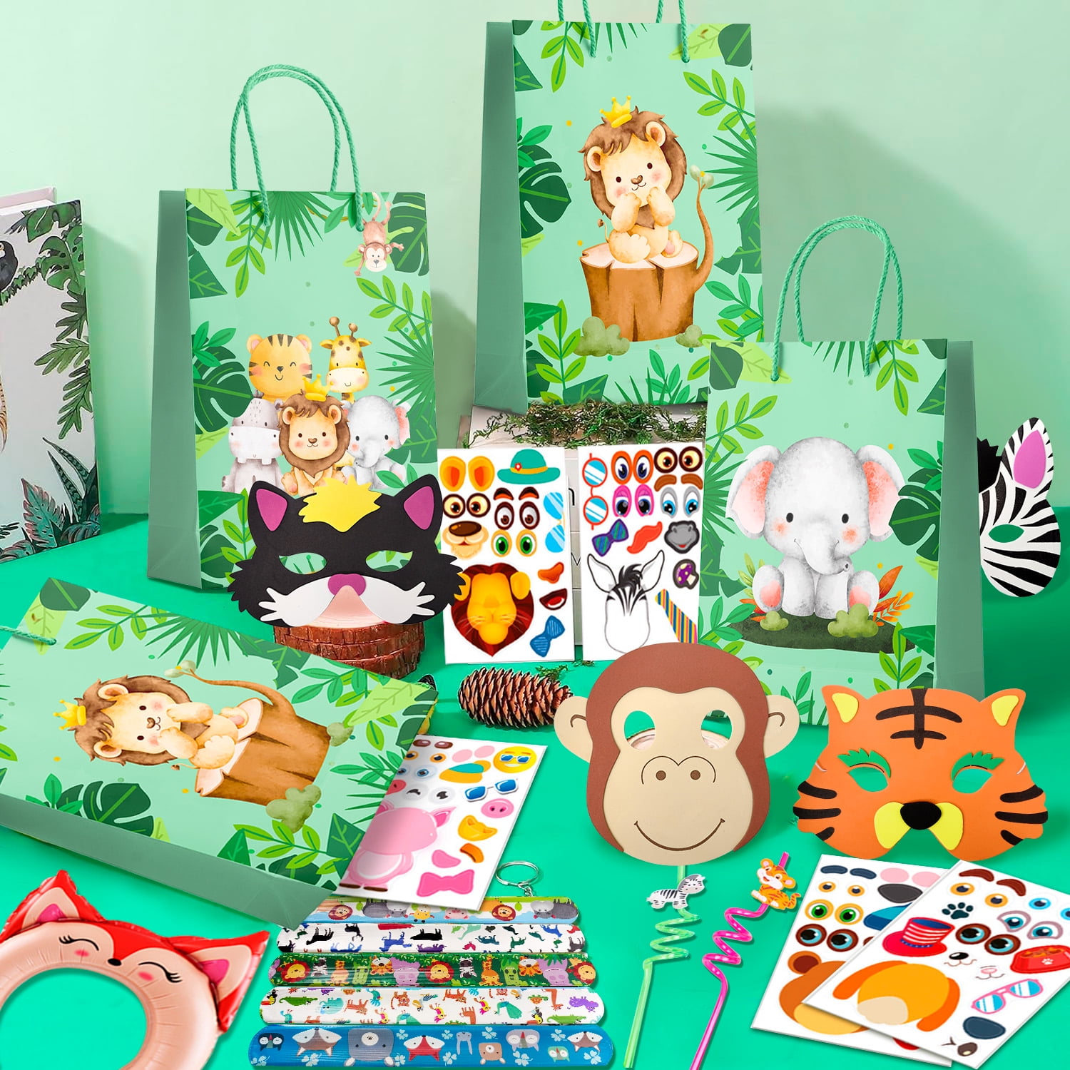 Jungle Safari Party Favors, 60pcs Jungle Safari Birthday Party Favors Set Includes Safari Party Slap Bracelets Stickers Straws Balloon, Animal Mask, Safari Goodie Bags