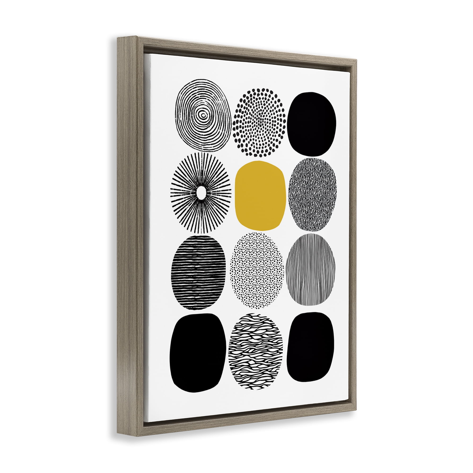 Stupell Industries Patterned Circles Yellow Accent Abstract Painting Brown Floater Framed Canvas Art Print Wall Art, 17 x 21