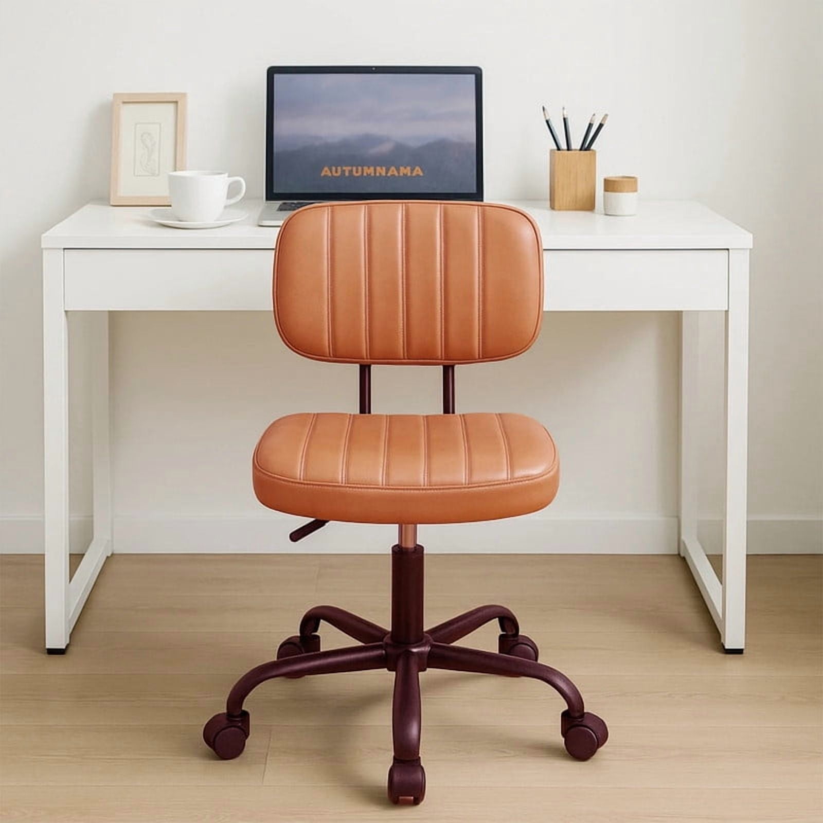 Kelno Armless Desk Chair Height Adjustable Swivel Rolling PU Leather Task Chair with Lumbar Support, Brown