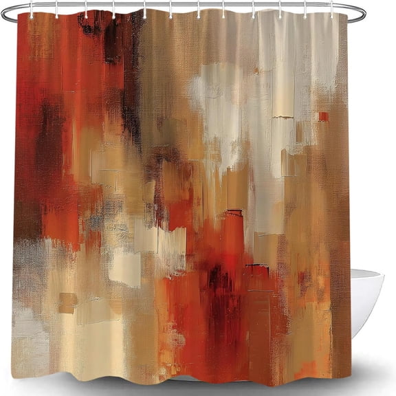 Abstract Burnt Orange Shower Curtain, Modern Retro Oil Painting Waterproof Bathroom Curtain with Hooks, Minimalist Bathroom Decor 36"W x 72"H
