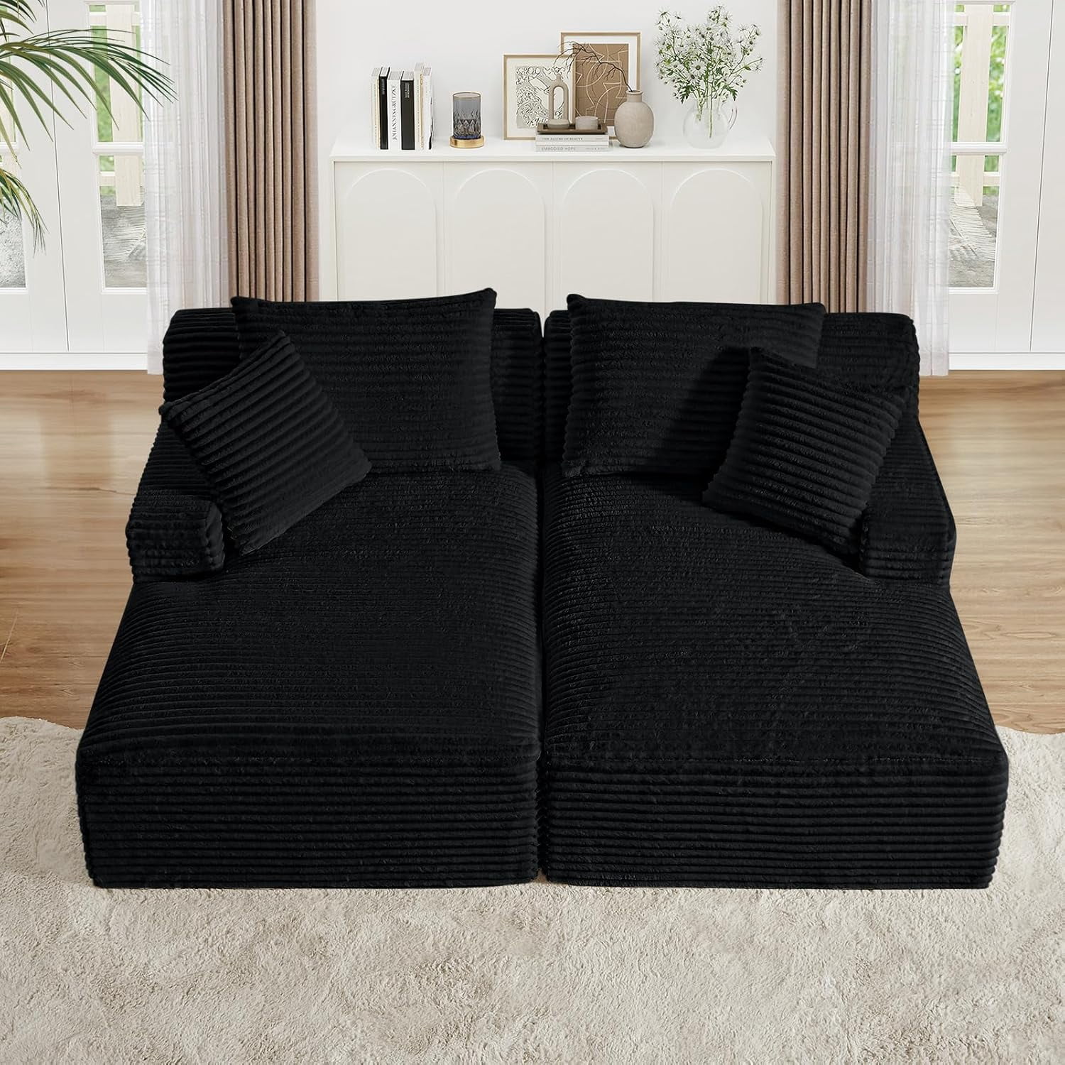 AENKYO Compressible Double Chaise Lounge Sectional Couch - Fluffy Upholstered 2-Seater Loveseat for Living Room, Bedroom, No Assembly Required, Black