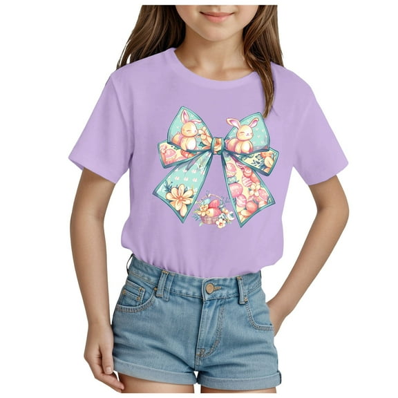 ZTKWD Girls Tops Fashionable Short Sleeve T-Shirt Casual Daily Shirt for Kids Assorted Colors 5-14 Years Easter bow