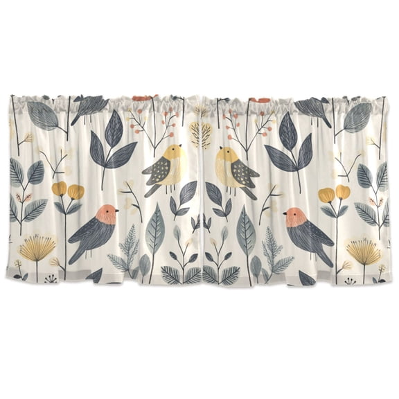 Hand Drawn Bird Tier Curtains for Kitchen 57x24 Inch Semi Sheer Light Filtering Half Window Curtains 2 Panels