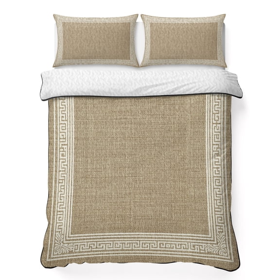 King Quilt Bedding Set Key Design Vintage Light Brown Summer Quilt Lightweight Quilted Coverlet with 2 Pillow Shams, Greece Inspired Pattern Flax 3-Piece Bedspread Quilt Set for All Season