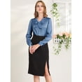 thumbnail image 3 of Blusa elegante de Oficina Allegra K Cuello Sedoso Corbata Cuello En V Manga Larga Azul polvoriento M, 3 of 6