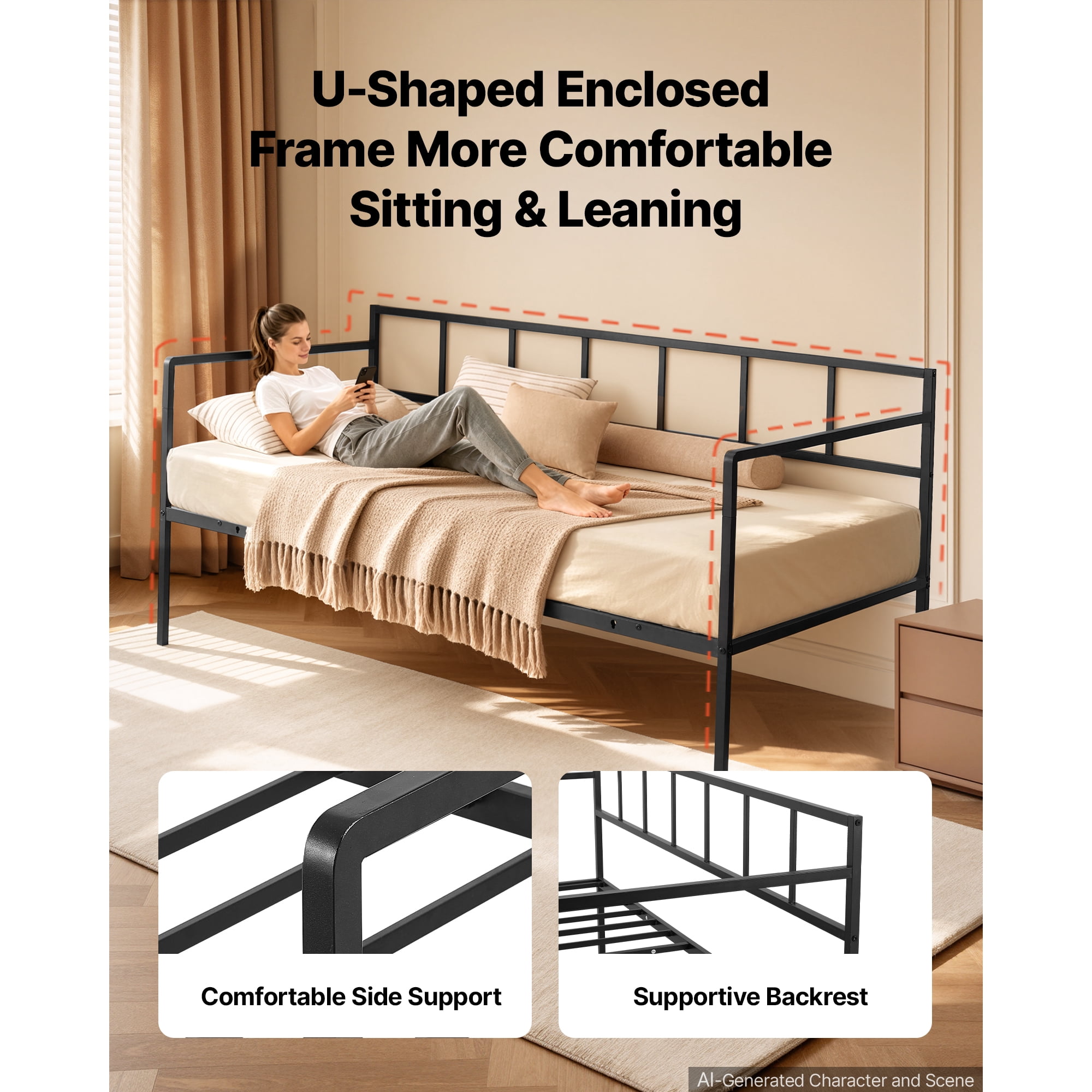 KFFKFF Twin Daybed Metal Frame with Under-Bed Storage, Ideal for Living Room, Bedroom, or Guest Room, Space-Saving Design, Durable Metal Construction, Simple Assembly, Without Trundle, Black