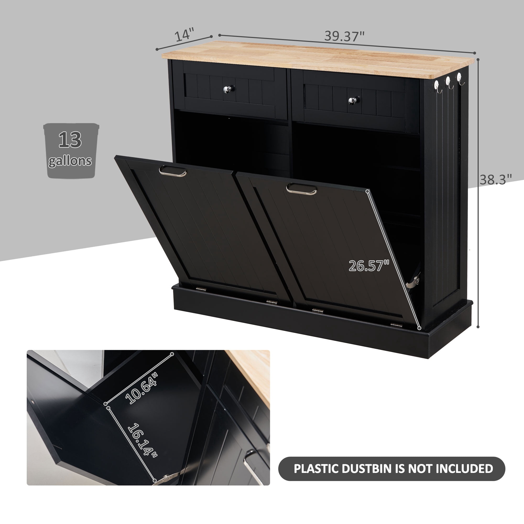 HARIPUL Double Tilt Out Trash Cabinet, 26 Gallon Trash Can Cabinet with Drawers & Handles for Kitchen, Black/Light Brown Top