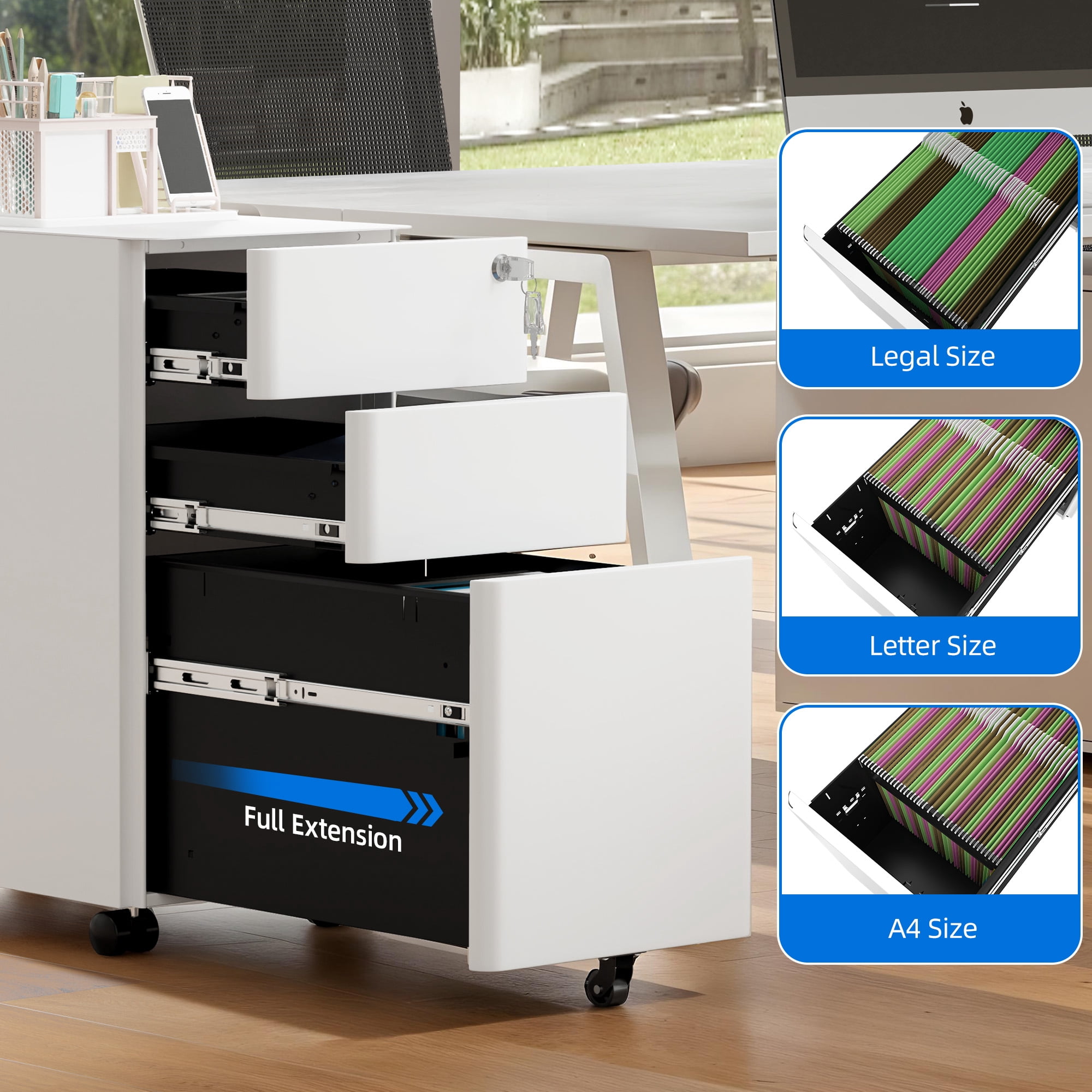 Dextrus 3-Drawer Lockable File Cabinet for A4/Letter/Legal Size Folder, Home Office, Assembled Except Casters (White)