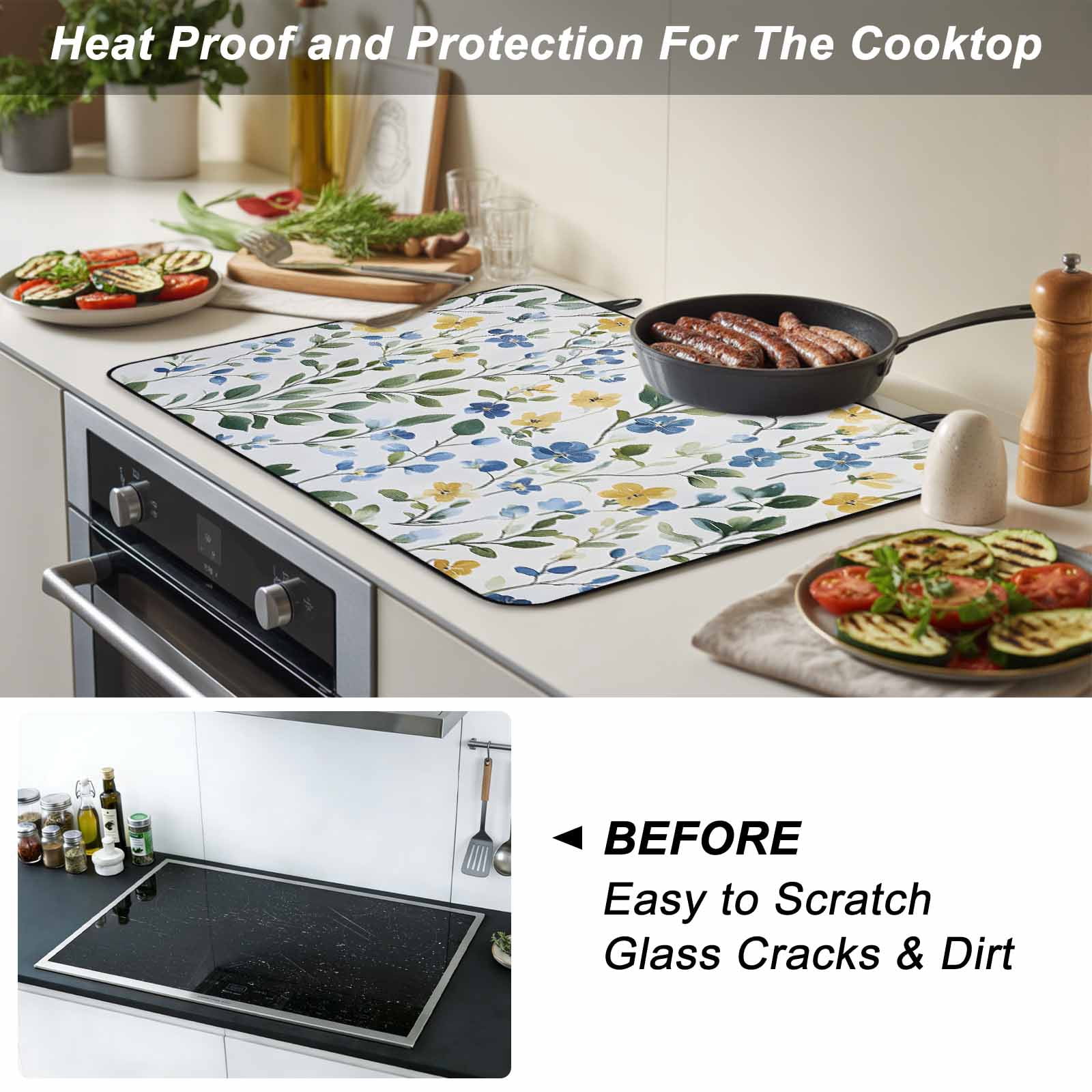 Blue Yellow Floral Spring Stove Top Cover for Electric Stove, Heat-proof & Non Slip Glass Top Stove Cover Protector, Summer Pastoral Botanical Green Kitchen Flat Cooktop Rubber Mat 24x21 Inches