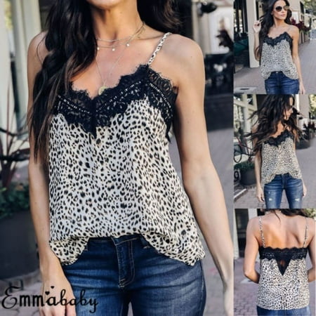 - Women Sexy V Neck Leopard Print Camisole Tank Vest Blouse Lace Cami Crop Tops