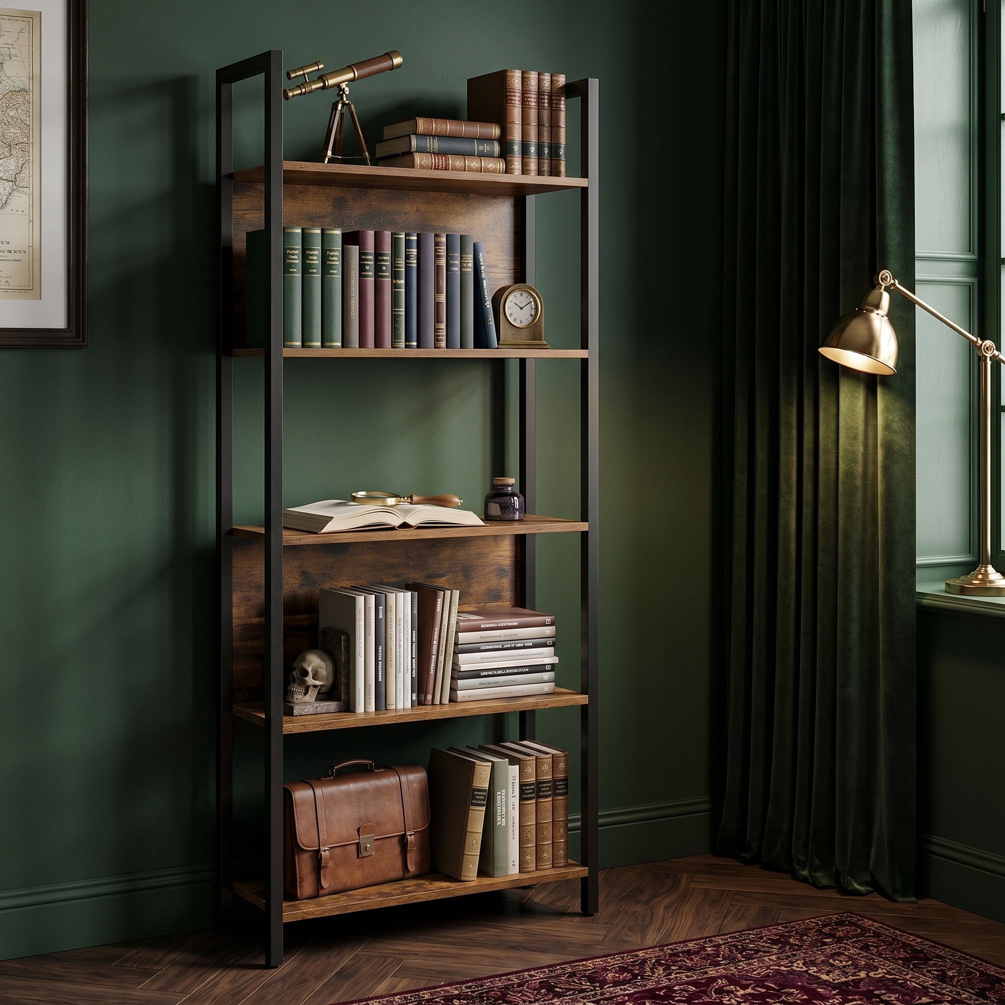 Nordic Hygge 5-Tier Industrial Bookshelf, Slim Storage Bookcase with Steel Frame, Rustic Brown and Black