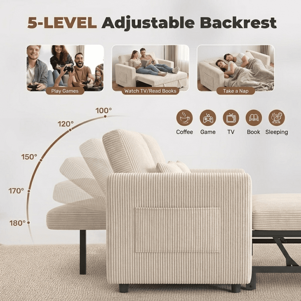 Howcool Sleeper Sofa Bed, Pull Out Couch, 3-in-1 Convertible Loveseat Sofa with Adjustable Backrest, Corduroy Couch for Living Room, Apartment & Small Space, Beige