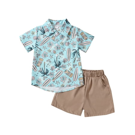 

Calsunbaby Kids Baby Boys Summer Outfits Coconut Tree Print Short Sleeve Button Up Shirt Shorts Gentleman Suit Blue 3-4 Years