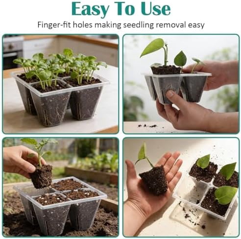 RibRave 40 Pack Reusable 4-Cell Seed Starter Trays with Large Drainage Holes - Clear Transparent Trays for Root Growth Monitoring, Avoids Overwatering, Easy Transplant, Fits Standard 1020 Trays