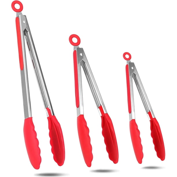 Pinzas de cocina, pinzas de acero inoxidable para alimentos con puntas de goma de silicona, pinzas para cocinar, para asar, ensaladas, barbacoas, freír, juego de 3 de 7, 9 y 12 pulgadas (rojo)