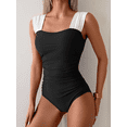 thumbnail image 3 of Womens One Piece Swimsuit Tummy Control Retro Square Neck Bathing Suit for Women Ruched Modest Full Coverage Swimwear, Black & white, 3 of 7