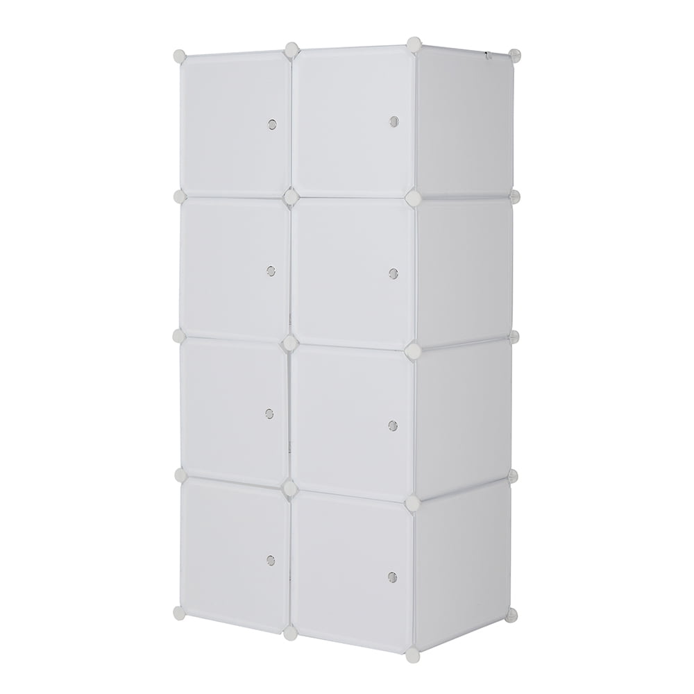 8 Cube Organizer Stackable Plastic Cube Storage Shelves Design Multifunctional Modular Closet Cabinet with Hanging Rod White
