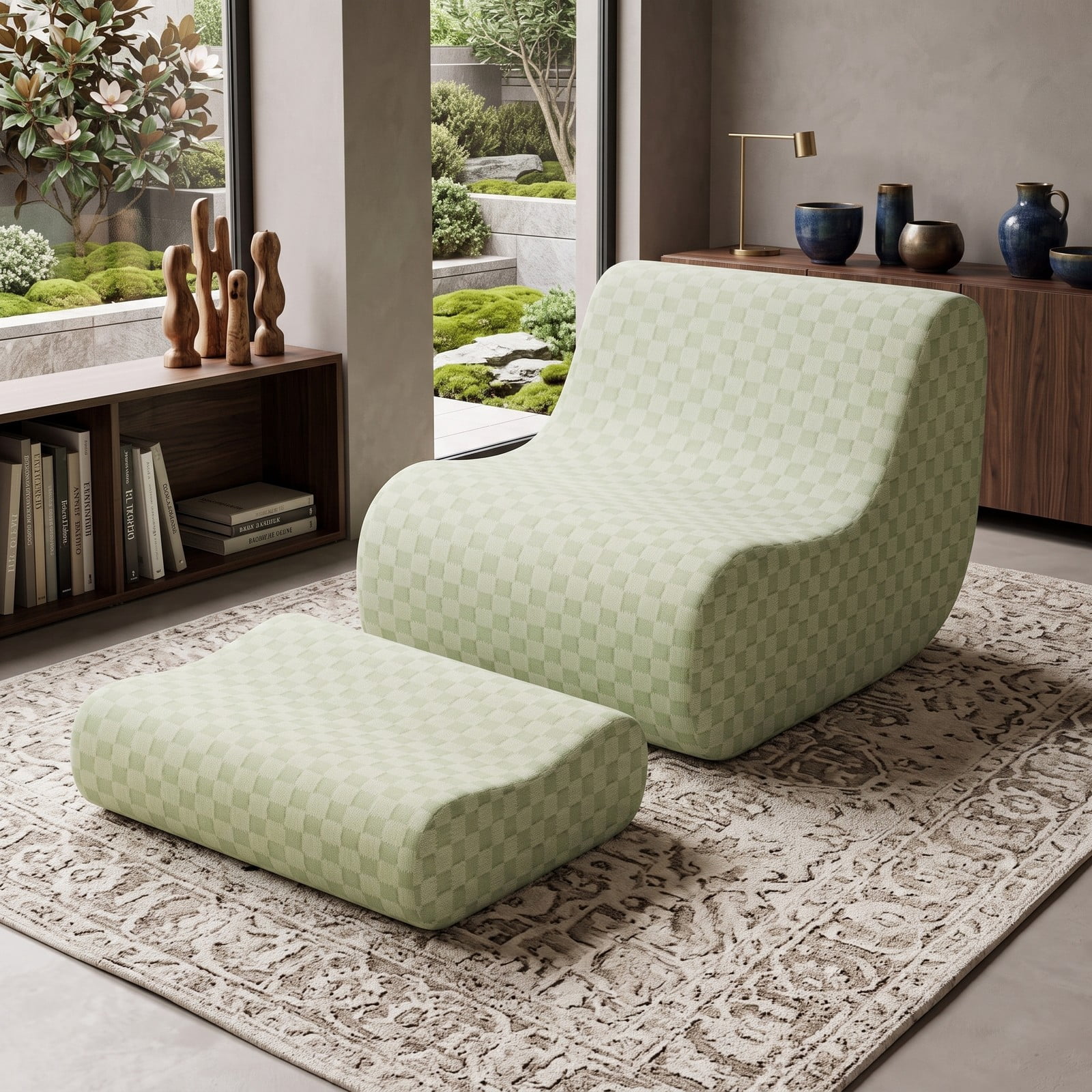 Furnibear Bean Bag Chair with Ottoman, Teddy Velvet Lounge Chair with Inclined Backrest, High Elasticity Sponge Filling, Machine-Washable Cover and Non-Slip, Green