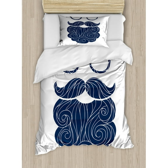 Manly Duvet Cover Set Twin Size, Hand Drawn Sketch of Hipster Style Long Beard Mustache with Round Glasses, Decorative 2 Piece Bedding Set with 1 Pillow Sham, Dark Petrol Blue White, by Ambesonne