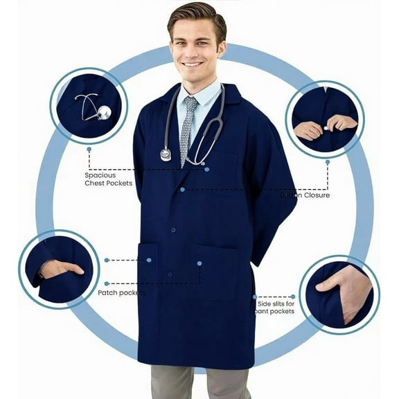 Unisex Uniform Navy Blue Lab Coats, Classic Dustproof Workwear Jacket with 3 Pockets