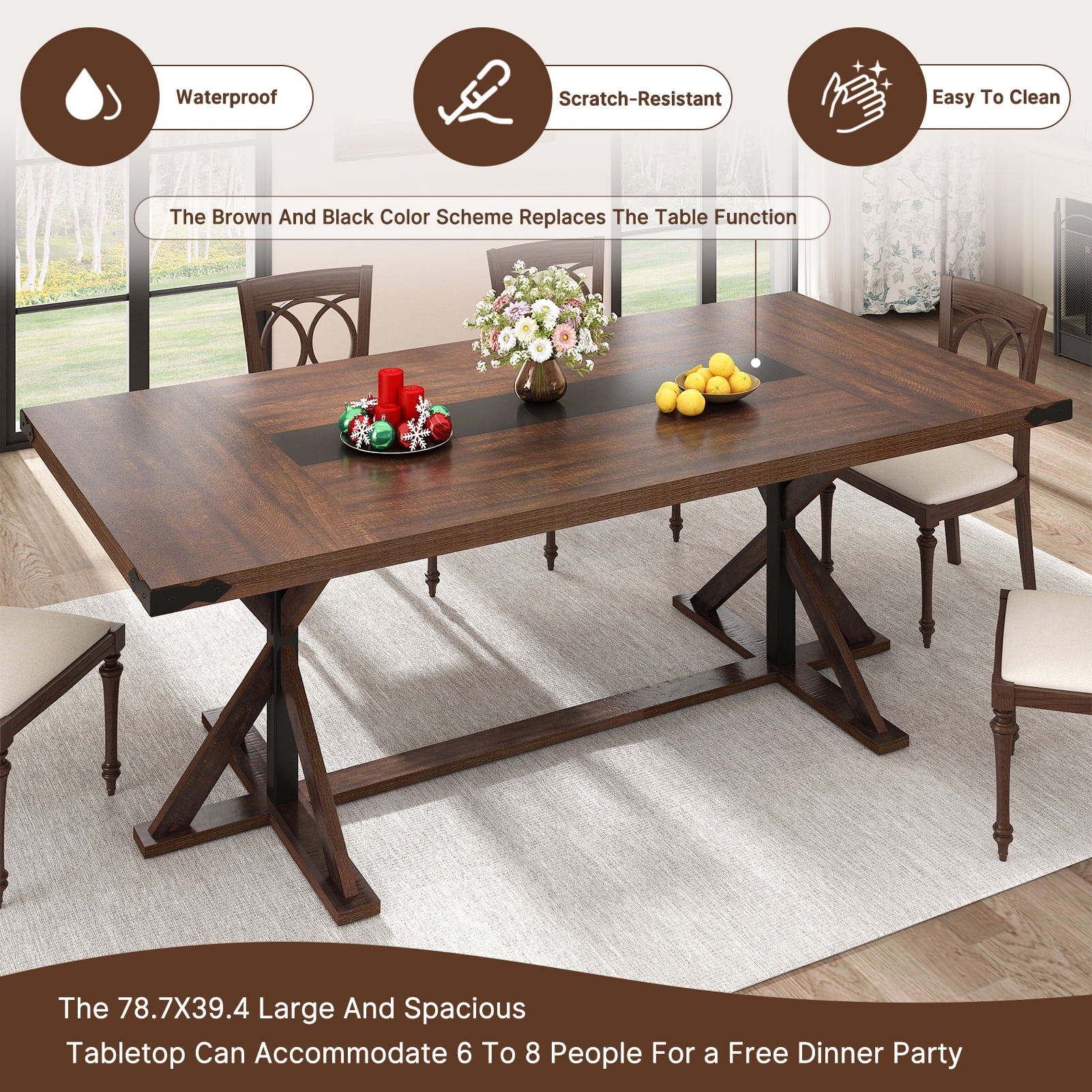 Blotout 79" Modern Farmhouse Dining Table for 8-10 People, Rectangular Wood Dining Table with Wood Strip Base, Long Kitchen Table for Dining Room, Gathering, Kitchen (Brown)