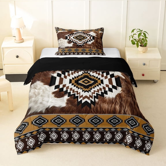 Homewish Rustic Cattle Hide Twin Comforter Sets,Boho Farm Animals Print Bedding Set,Brown White,Black Reversible,2-Piece,1 Comforter and 1 Pillowcase