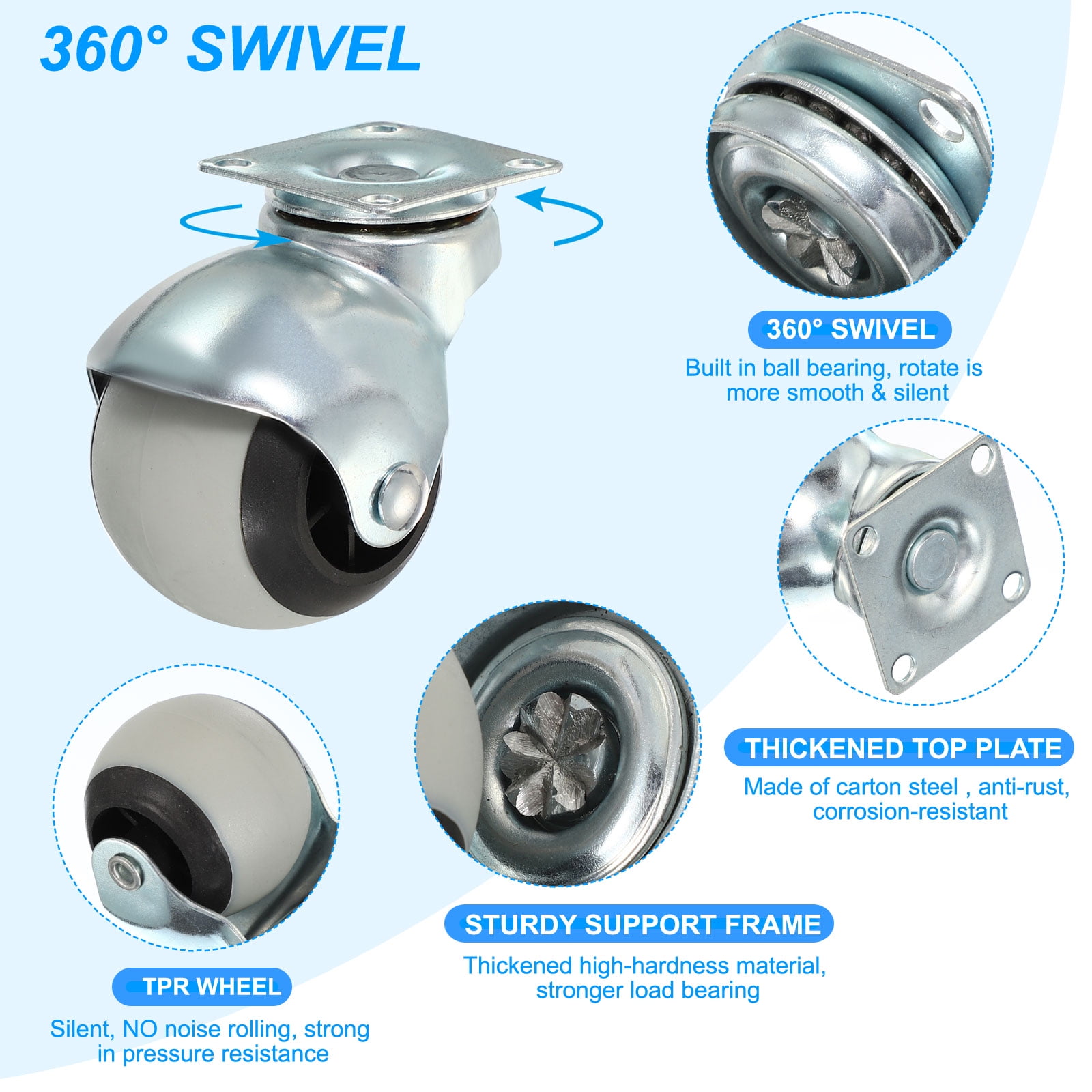 Uxcell 2 Inch Ball Casters TPR 360 Rotating Top Plate Wheels without Brake 4 Pack