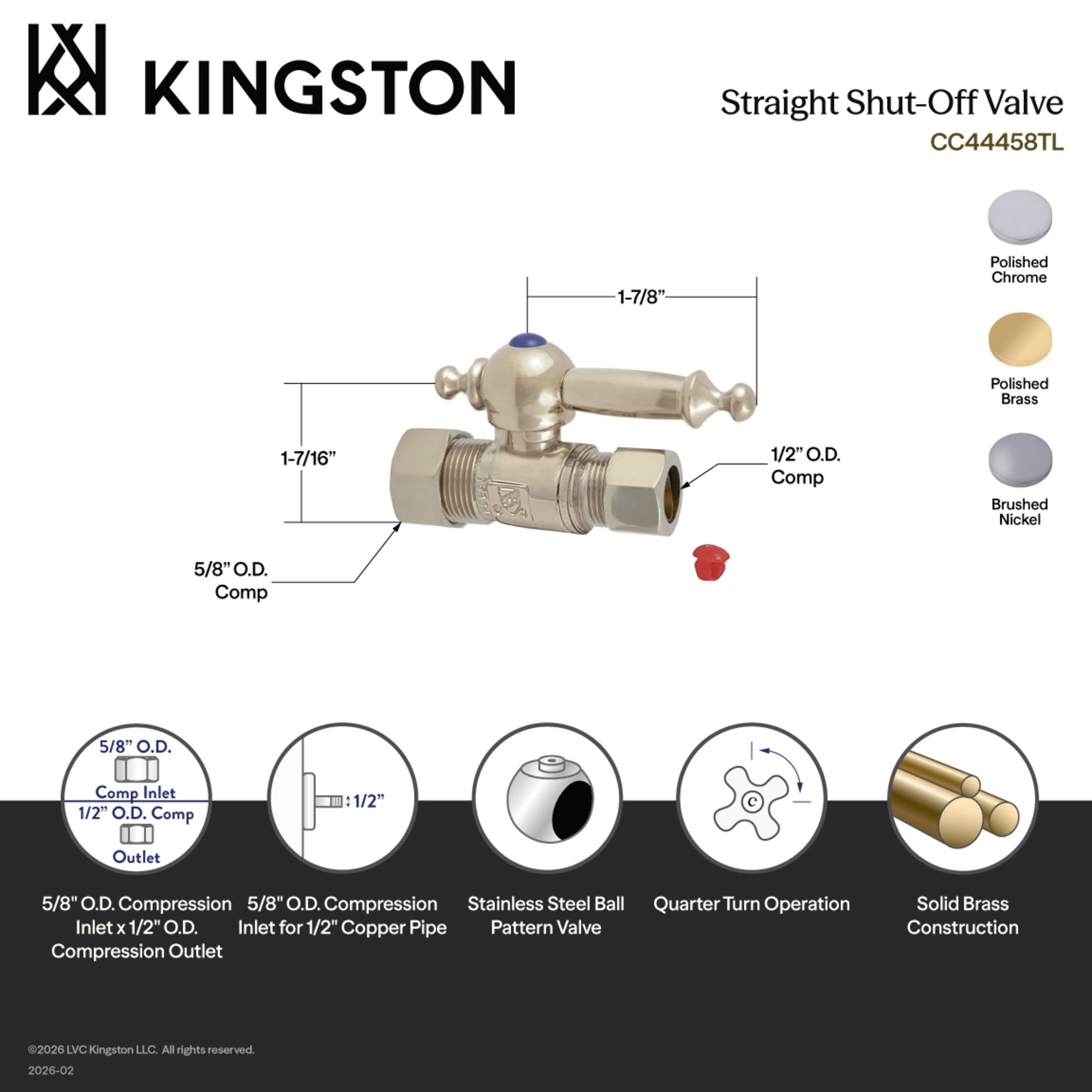 Kingston Brass CC44458TL 5/8-Inch O.D. Comp x 1/2-Inch O.D. Comp Quarter-Turn Straight Shut-Off Valve in Brushed Nickel