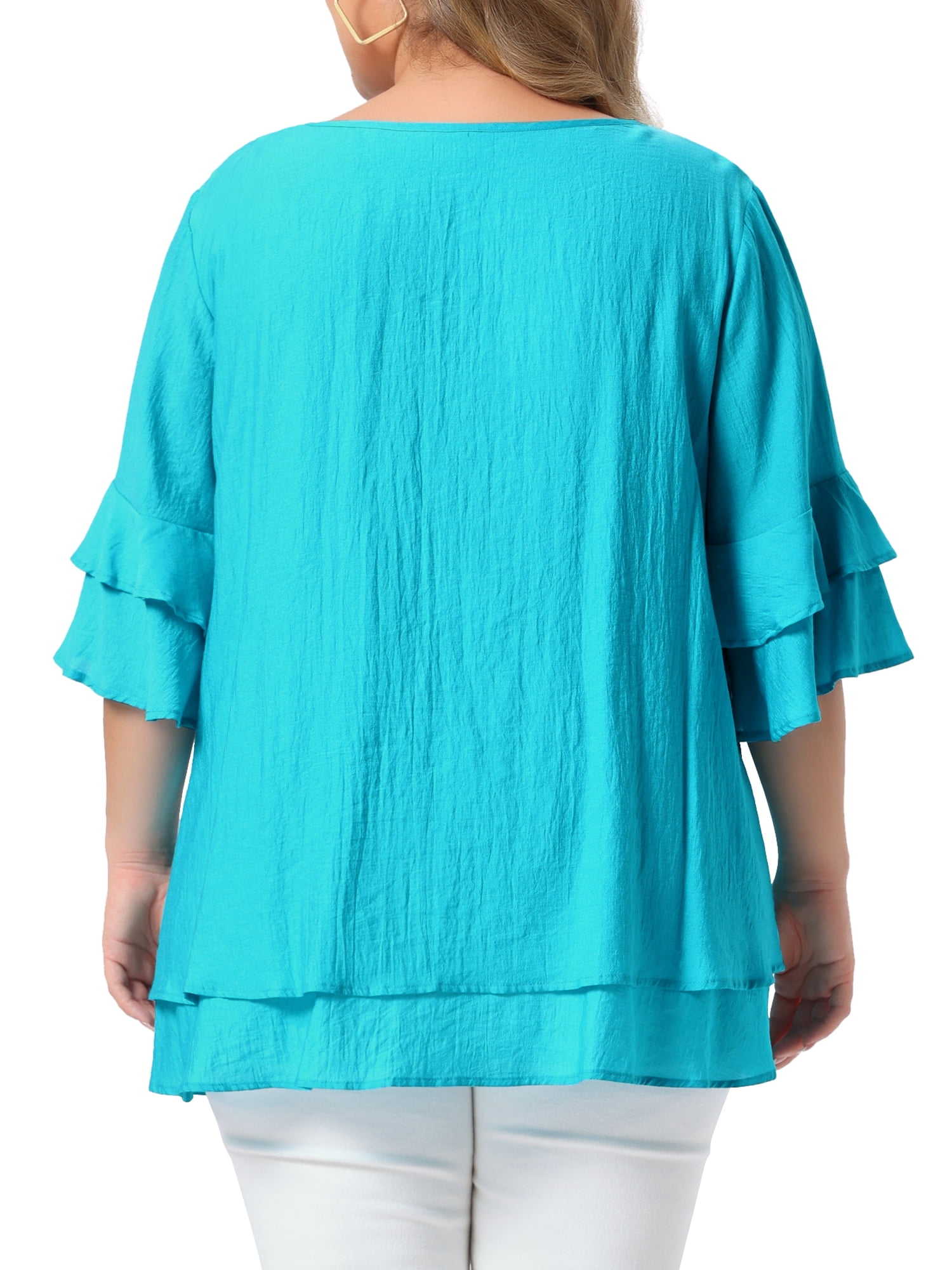 DARING DIVA Women's Plus with Crew Neck and Ruffle Half Tops 3X Blue