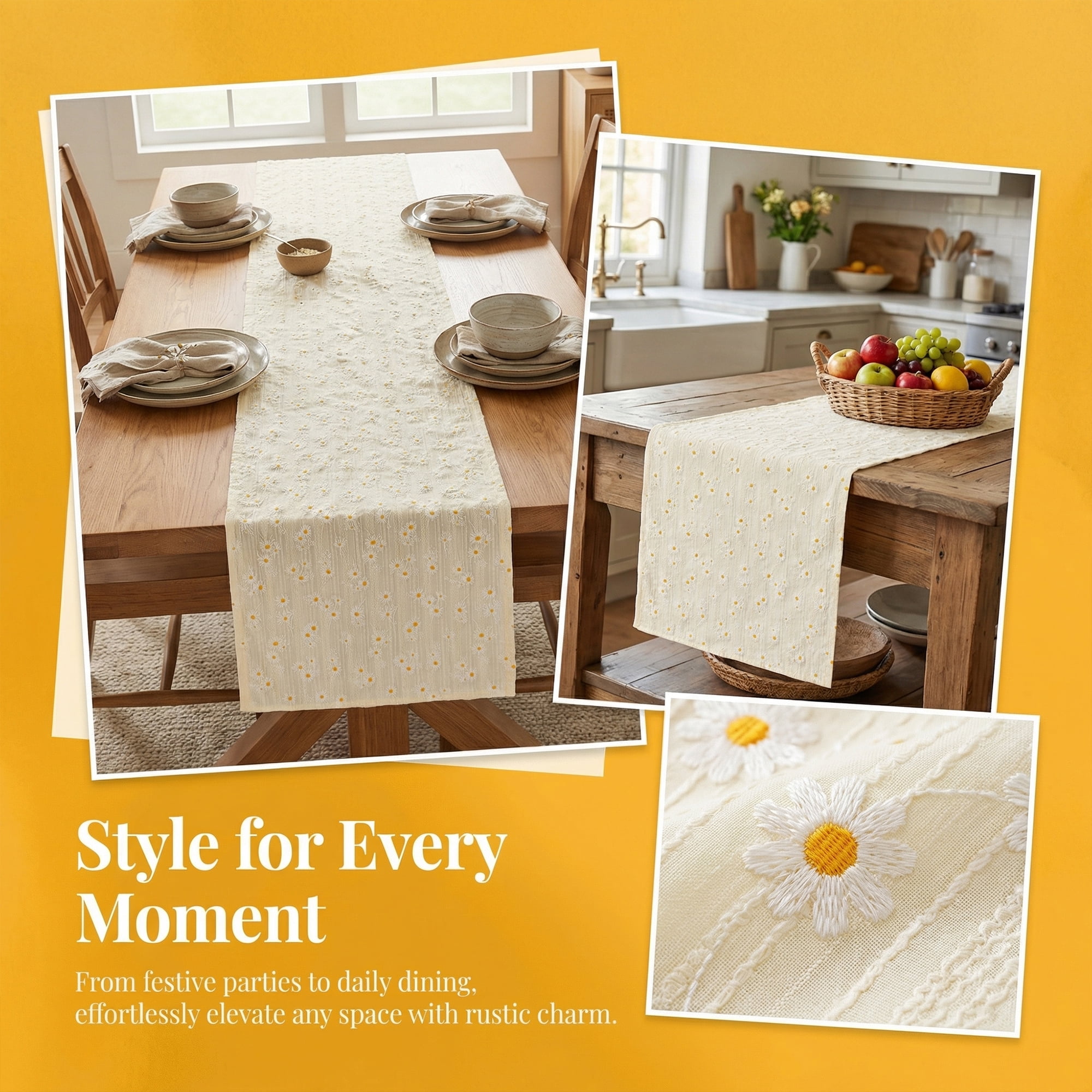 Unique Bargains Cotton Kitchen Runner for Dining Table Decoration Yellow 11.8" x 70.9"