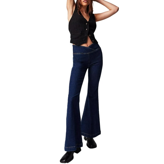 XIAXAIXU Women's Fashion Flare Jeans - Solid Color High Waist Stretch Denim Pants, Solid Color, 1