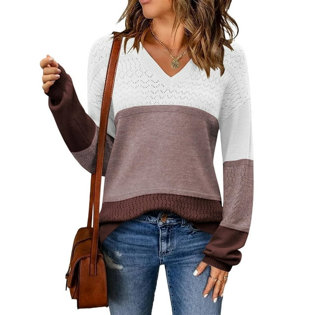 Women Fall Sweaters Casual Long Sleeve Ribbed Knit V Neck Light-Weight Crochet Pullover Sweater Brown Grey M