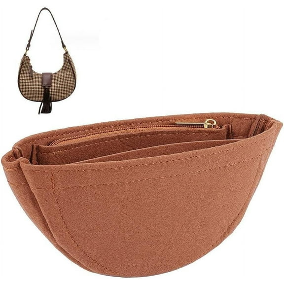 1pc Purse Organizer Insert Felt Shoulder Bags Insert Arc Shape Underarm bag Organizer Insert Multiple Compartments bag Insert Shaper with Zipper for Loop Hobo 4x8.8x1.8 Inch Brown