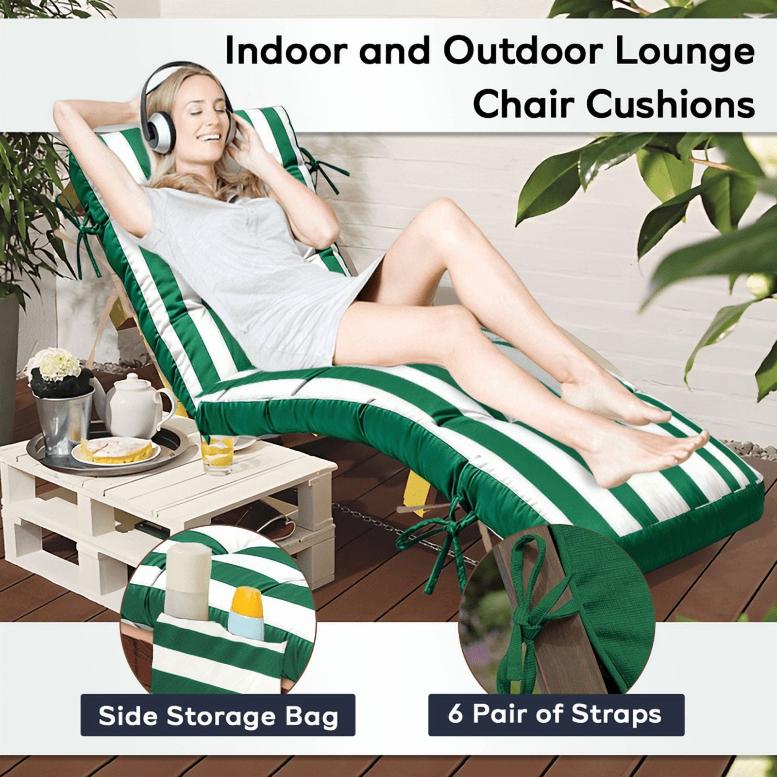 PUKNLY Chaise Lounge Chair Cushion Outdoor, 67*22*4 in Thickened Leisure Lounge Deck Chair Cushion, Waterproof & Fade-Proof Patio Pool Sun Lounger Pad with Straps, Bag, for Pool, Beach, Balcony