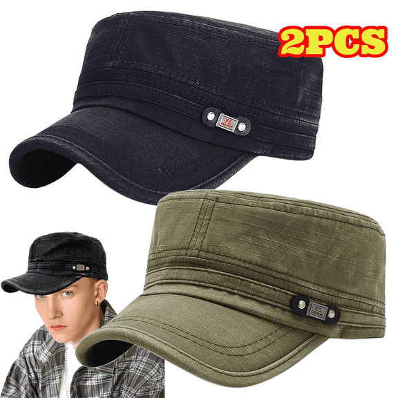 2pcs Unisex Cadet Army Caps, Adjustable Flat Top Hat, Washed Cotton Military Hat Baseball Cap