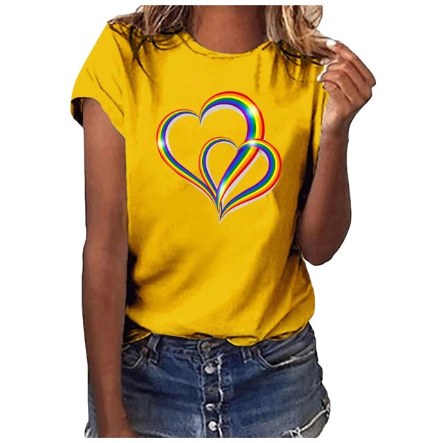 Gibobby Camisa Elegante Para Mujer Love Fashion Casual O-cuello manga camiseta blusa corta Tops mujer estampado colorido blusa de mujer(Amarillo, L)