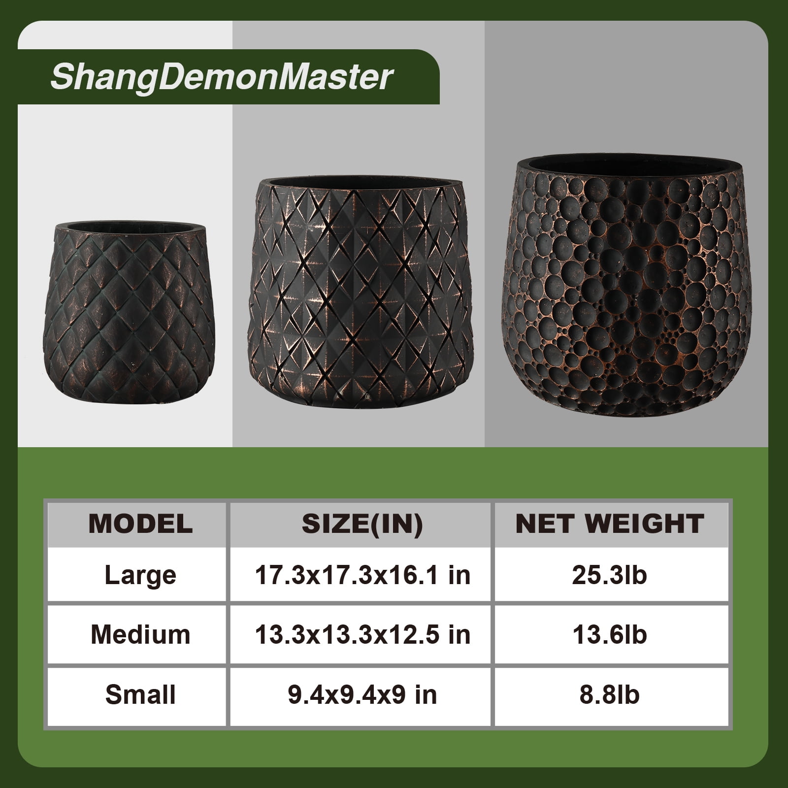 Craft Flowerpots Round Concrete Planter Set of 3 Large Outdoor/Indoor Planter Pots Containers with Drainage Holes and Rubber Plug for Home Garden (18"+13"+9" Dia) (SH003)