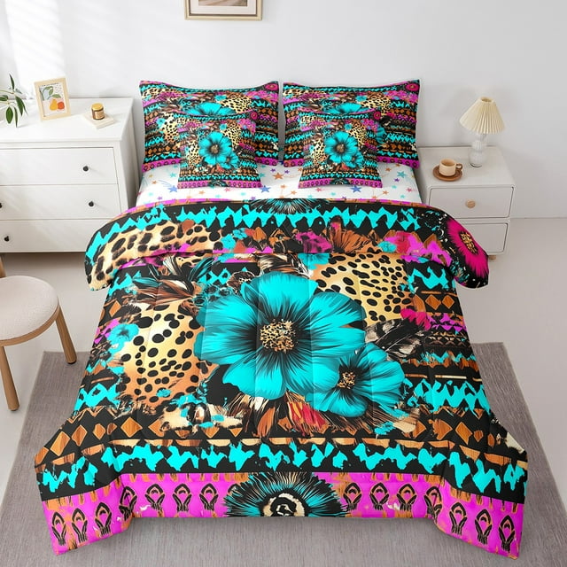 YST Boho Flower Bed In A Bag With Sheets Western Aztec Bedding Set Floral Leopard Print Twin Comforter Set 7 Piece For Kids Boys Girls,Abstract Geometric Pattern Bed Set Bedroom Decor