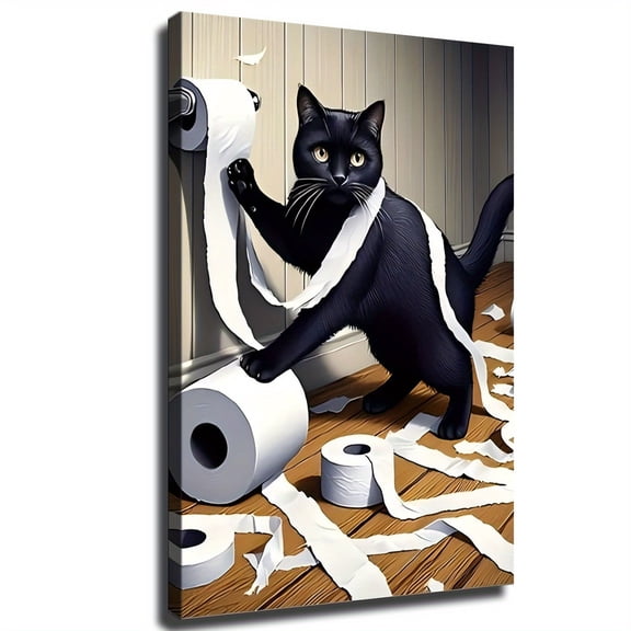 1pc Playful Black Cat with Toilet Paper Canvas Wall Art - Modern Humorous Framed Wrapped Canvas, Ready to Hang for Home Office Decor, Unique Father's Day Gift Idea, Humorous Decor, Contemporary Decor