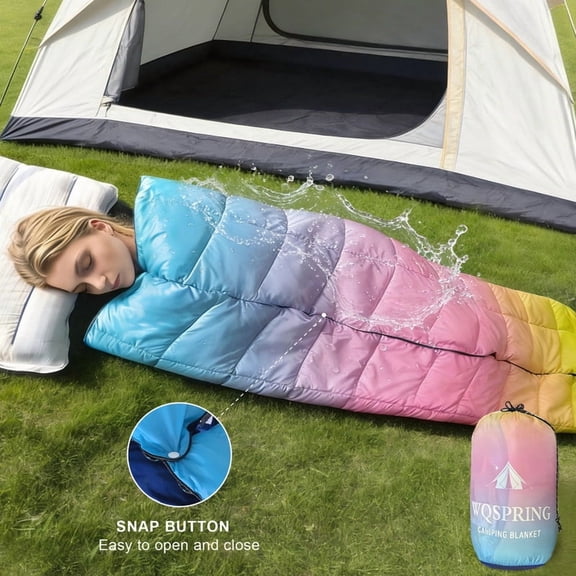 Outdoor Waterproof Blanket Sleeping Bag Alternative - 79"x55" Packable Camping Quilt with Snaps & Compression Sack, Colorful Lightweight Travel Stadium Blanket for Hiking, Picnic, All Season Camping