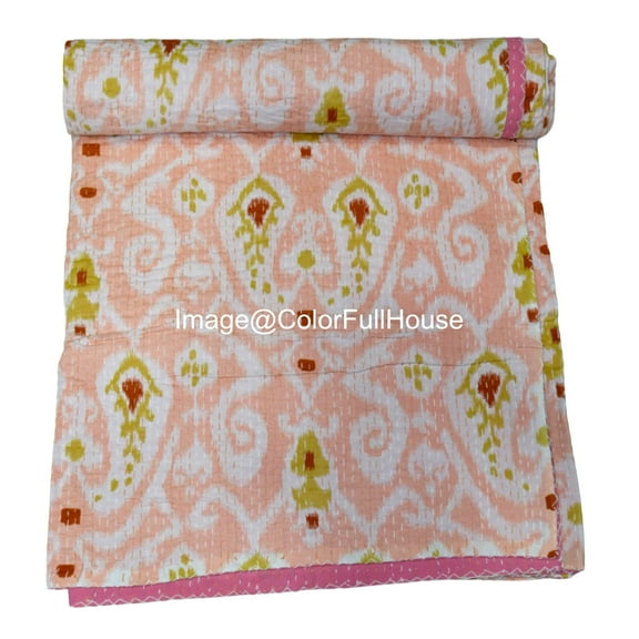 Handmade Kantha Quilt, Ikat Pattern with Colorfull Accents, Traditional Indian Blanket, Bedspread ( Single 60" x 90" )