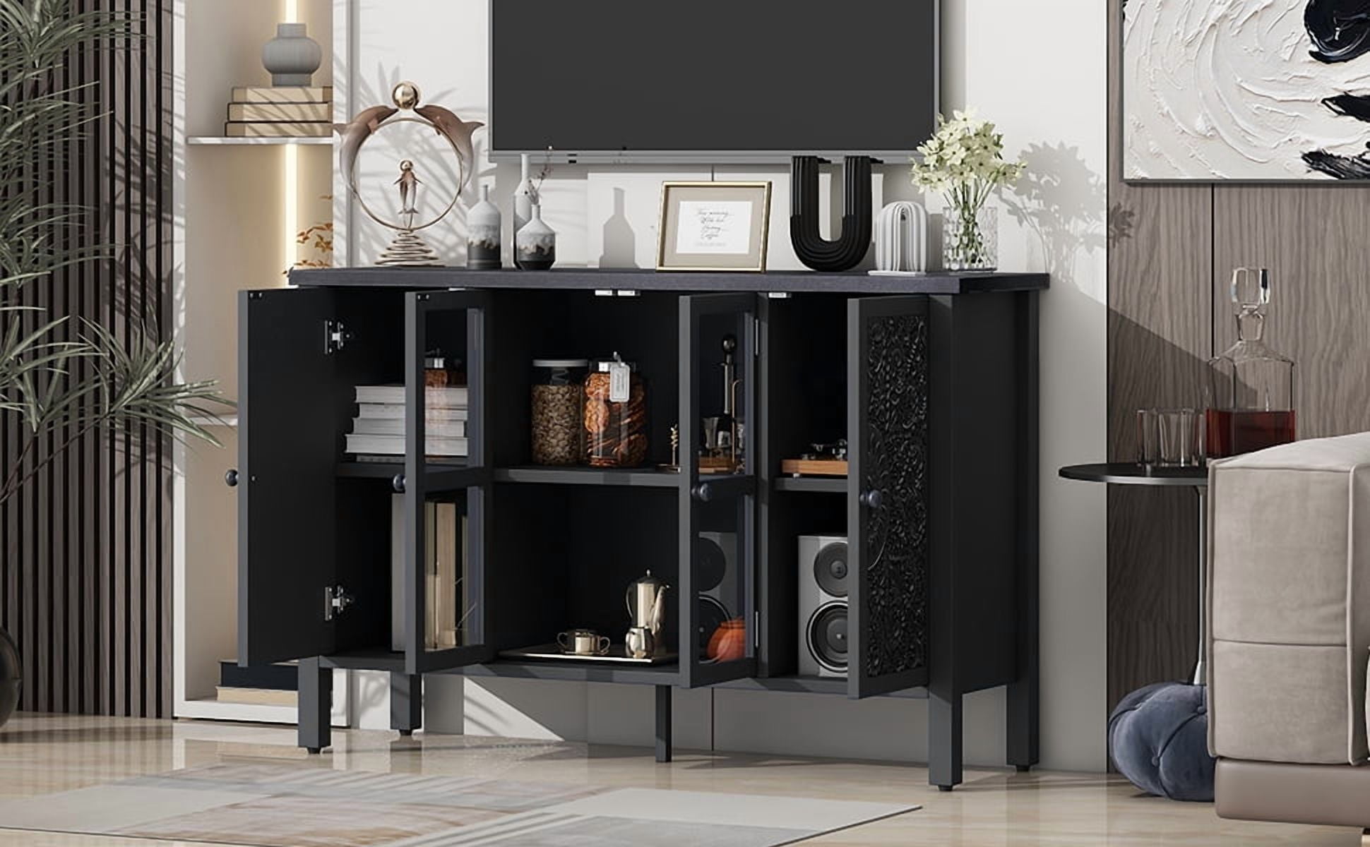 Euroco 47.2" American Retro-Style TV Stand – Media Console with Glass Door, Carved Cabinet Storage, Adjustable Shelves, Anti-Tip Device for TVs up to 43", Entertainment Center