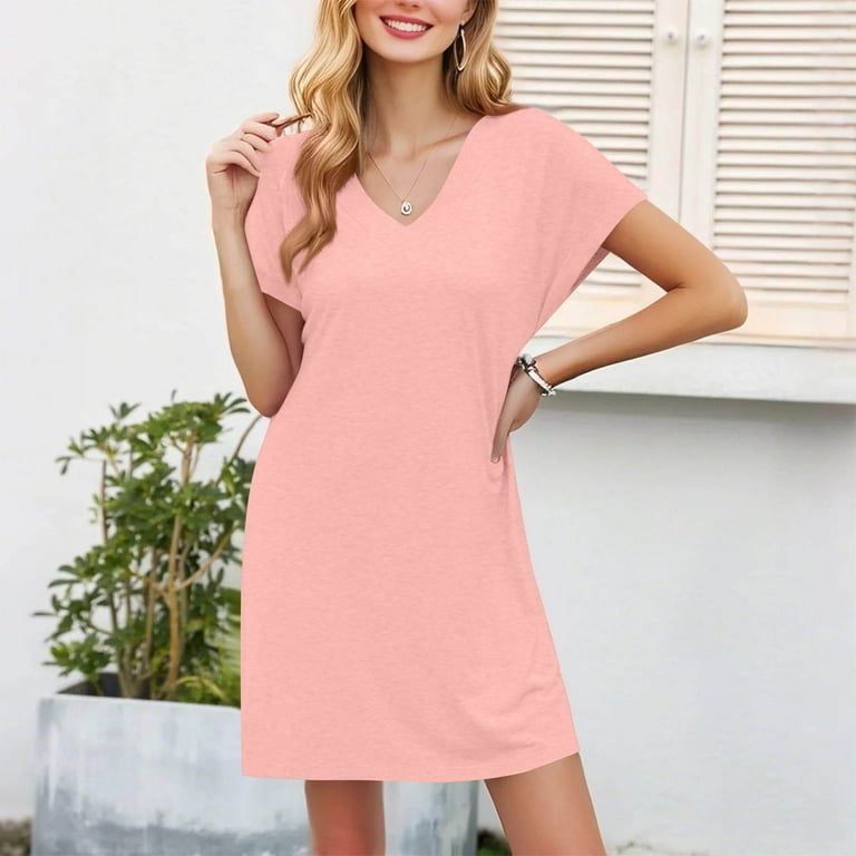 Wyobmus Summer Dresses for Women V Neck Short Sleeve Flowy Tshirt Dress  Loose Fit Casual Solid Color Sundress with Pockets A-Pink - Walmart.com