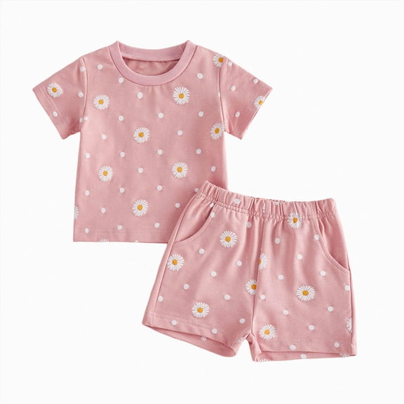 KPOPLK 6 9 12 Months 2T 3T 4T Baby Girl Summer Clothes Toddler Girl Casual Outfit Short Sleeve Daisy Print T-Shirt Shorts Set(18-24 Months,Pink)