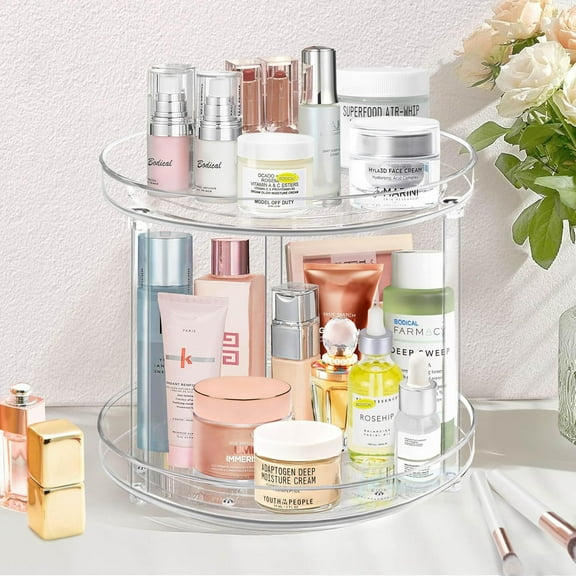 360 Rotating Lazy Susan Bathroom Organizer Countertop, 2 Tier 10.6inch Makeup Organizers for Vanity, Skincare Organizers Perfume Organizer for Bathroom, Make up Organizers and Storage -Clear