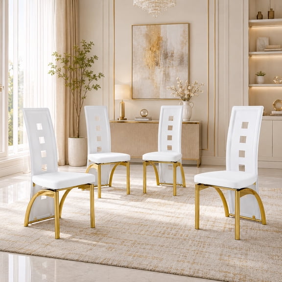 TesNus Dining Chairs Set of 4 White PU Leather Geometric High Back Gold Legs 40 Inch
